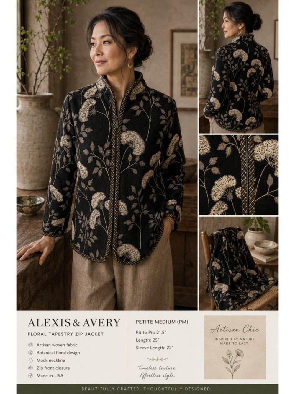 Alexis & Avery Floral Tapestry Zip Jacket Petite Medium PM Black Mock Neck USA